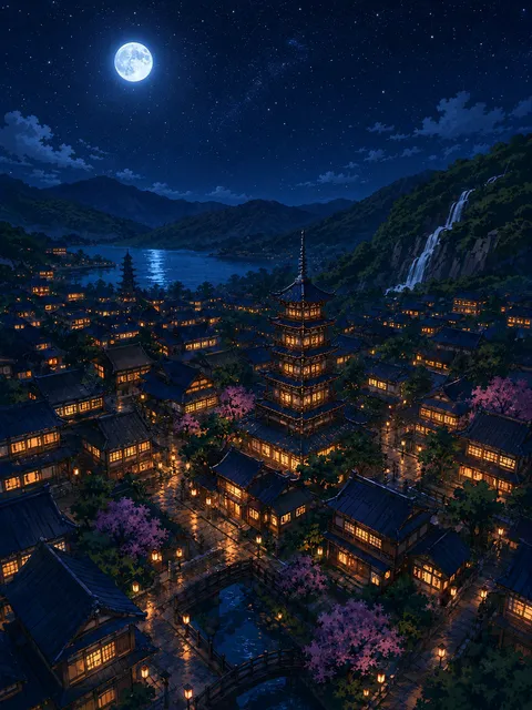 Amarantopoli di notte sotto la luna piena, con la torre a pagoda al centro, ciliegi in fiore e una cascata