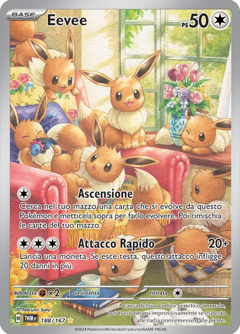 Carte di Eevee: Illustration Rare 188/167 di Crepuscolo Mascherato con otto Eevee in un salotto, illustrata da Narumi Sato