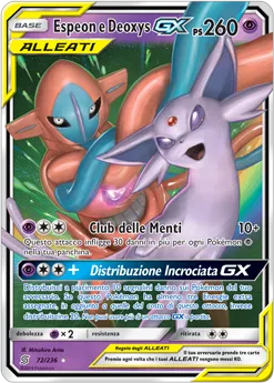 Carta Pokémon Espeon e Deoxys-GX ALLEATI, Sintonia Mentale 72/236, illustrata da Mitsuhiro Arita