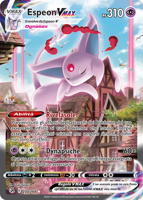 Carta Pokémon Espeon VMAX alt art, Colpo Fusione 270/264, illustrata da Kouki Saitou