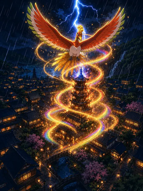 Ho-Oh scende avvolto da scie arcobaleno sulla torre di Amarantopoli colpita da un fulmine, nella notte di pioggia