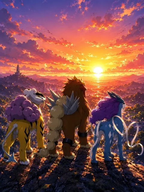 Raikou, Entei e Suicune visti di spalle su un'altura guardano il tramonto su Johto, con una torre in lontananza