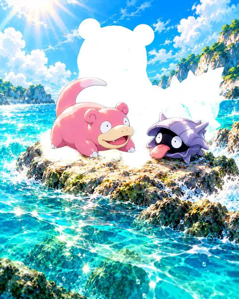 Slowpoke e Shellder separati su uno scoglio, con la sagoma bianca di Slowbro alle spalle