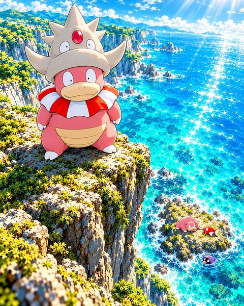 Slowking con lo Shellder a forma di corona sulla testa, in piedi su una scogliera sul mare