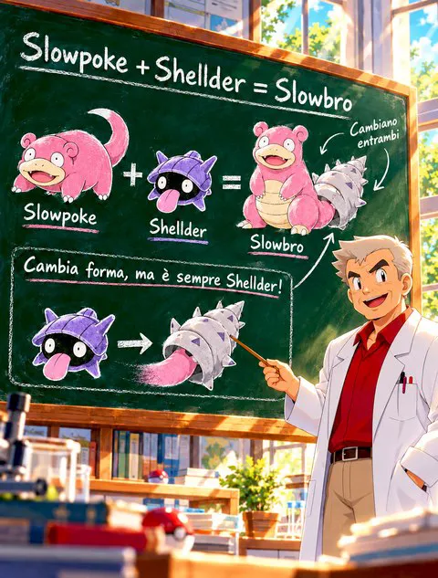 Il Professor Oak spiega alla lavagna che Slowpoke più Shellder dà Slowbro e che anche Shellder cambia forma
